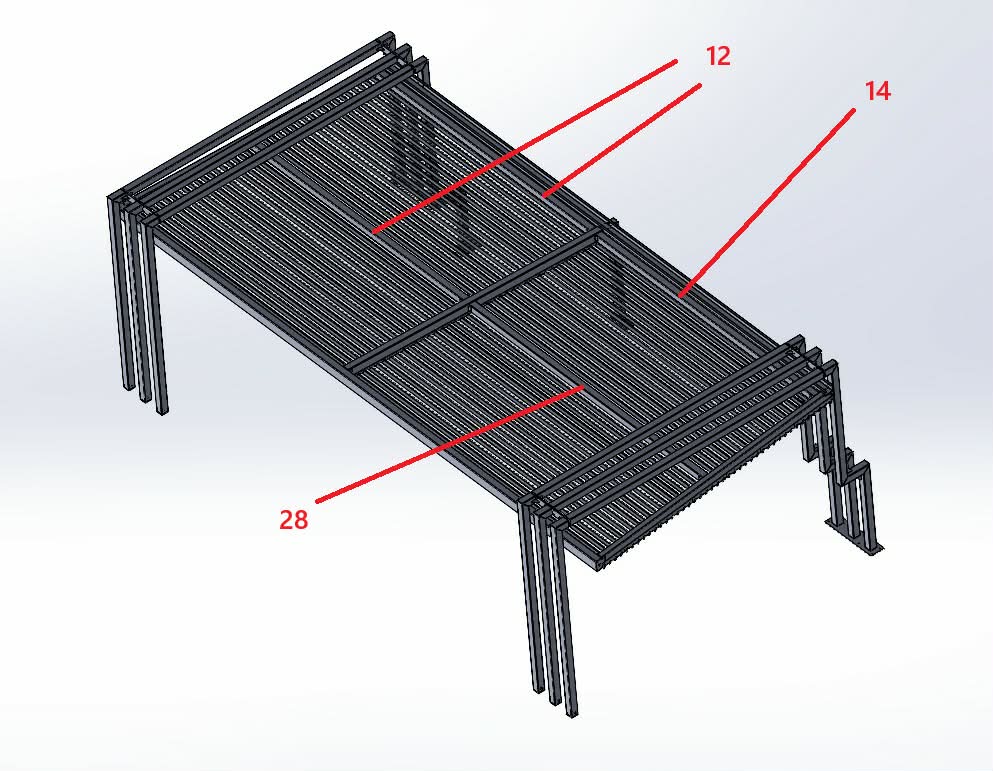 3D CAD model jeklene nosilne konstrukcije z označenimi elementi